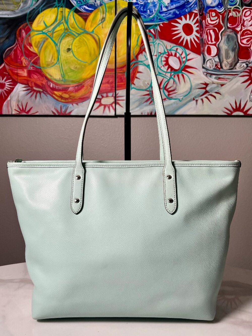 Coach City Zip Tote Seafoam Green Pebbled Leather Tote Shoulder Bag + COA - Picture 5 of 16